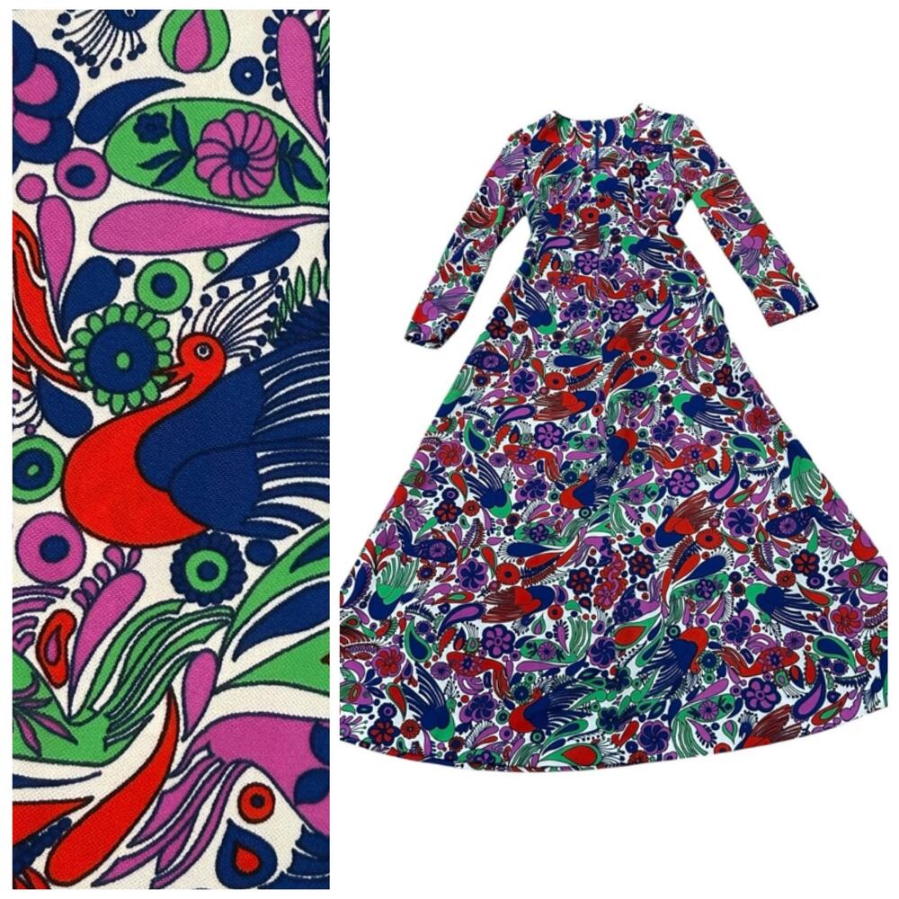 Vintage 1970s Psychedelic Bird Print Maxi Dress Mod Boho Poly Knit S/M -